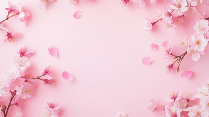 Photo of, Pink background with delicate cherry blossom branches and fluttering butterflies in vibrant hues for design, banner template