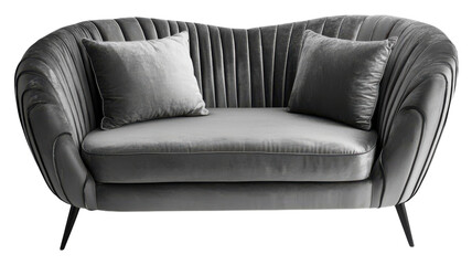 Fototapeta premium Elegant gray velvet loveseat featuring plush cushions and modern design in a contemporary living space.
