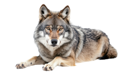 A majestic wolf resting calmly in a natural pose against a light background during the day.