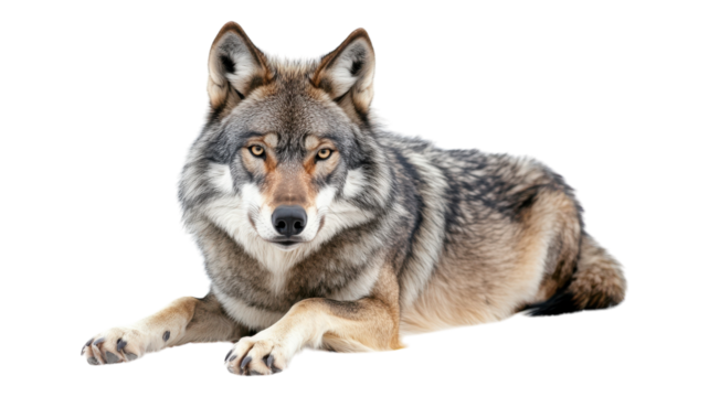 A majestic wolf resting calmly in a natural pose against a light background during the day.