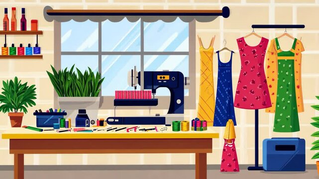 A sewing machine sits on a table in a small studio, ready to create new clothing