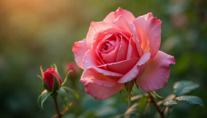 Macro shot of the rose 'Heimatmelodie' Rosa hybrida, displaying deep pink petals curling at the edges, with a soft focus on surrounding greenery, illuminated by soft afternoon light in a garden
