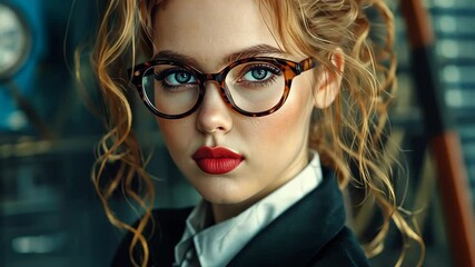 A woman with curly blonde hair and red lipstick is looking directly at the camera while wearing tortoiseshell glasses - Powered by Adobe