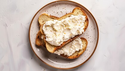 Cream cheese spread on toast using a light table for top view