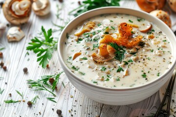 Cream of mushroom soup with fresh chanterelles and herbs on white rustic wood Autumn theme