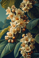 A painting of a branch of a tree with white flowers and green leaves