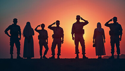 Fototapeta premium Silhouettes of male and female soldiers saluting, highlighted against a dark rusty iron background. The inscription 'Veterans Day Honoring All Who Served' is presented in a modern