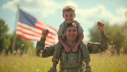 Soldier dad in military attire joyfully hoisting his ecstatic son of Black descent onto his shoulders