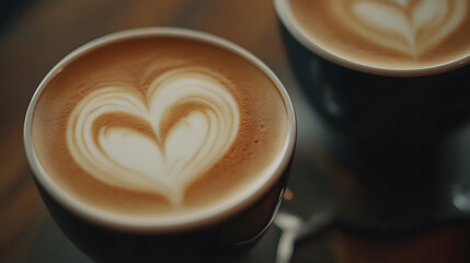 Two cups of cappuccino with milk in the shape of a heart, symbolizing love and warmth. A cozy and romantic atmosphere, perfect for friendship themes, relaxation and enjoying coffee together.