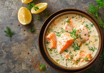 Creamy salmon soup with clean and healthy ingredients top view studio shot