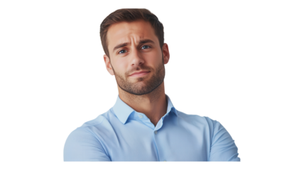Confident man in a light blue shirt stands with arms crossed in a neutral background, showcasing a thoughtful expression and professional demeanor.