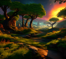 Beautiful fantasy fairy forest,Fantasy realistic Stunning natural objects including lakes lake boat Background and use it as your wallpaper, posters and banner,generative ai	