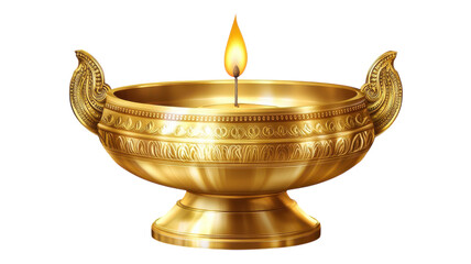 A golden oil lamp with a flickering flame, placed on a textured surface, symbolizing tradition and celebration during festive occasions.