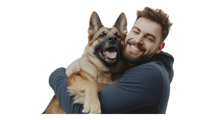 A man joyfully embraces his cheerful German Shepherd in a lively portrait captured indoors during a bright afternoon.