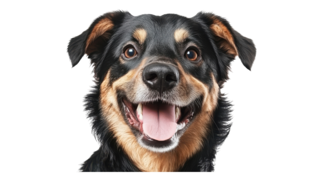 Happy black and tan dog with a joyful expression looking directly at the camera against a transparent background.