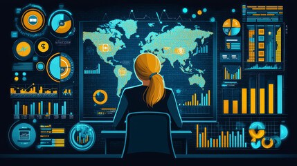 businesswoman analyzes global data on digital interface, surrounded by charts and graphs. vibrant colors and detailed visuals create engaging atmosphere for data driven decision making