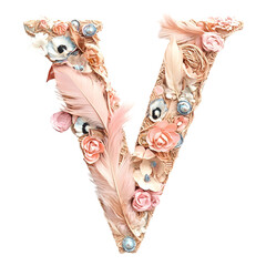 The letter V adorned with floral patterns and ethnic boho designs in beige and pastel (1) - transparent background