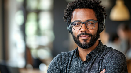 Fototapeta premium Focused entrepreneur sitting at co working space, wearing headphones and glasses, exuding confidence and determination. modern environment enhances productivity and creativity