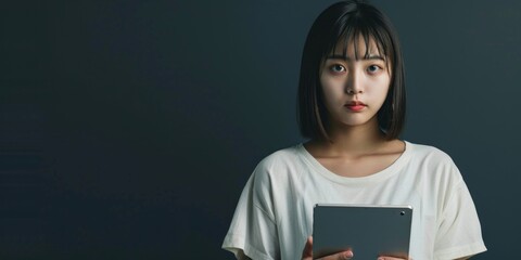 Young Woman Holding Tablet Against Dark Background
