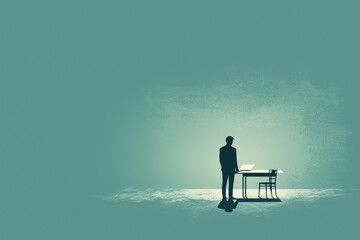 Obraz premium minimalist businessman stands at desk, surrounded by serene, muted background. scene conveys sense of contemplation and focus, ideal for themes of productivity and professionalism