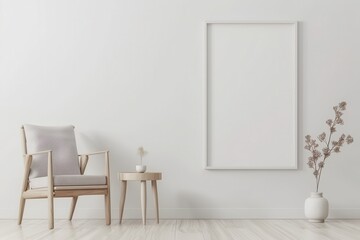 Empty picture frame on white wall in modern Scandinavian living room with chair Home staging minimalism concept