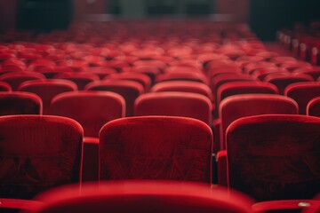 Fototapeta premium Empty red seats in theater with no audience Shallow focus