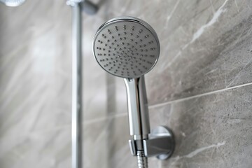 Shower head in bathroom, closeup. Showering equipment