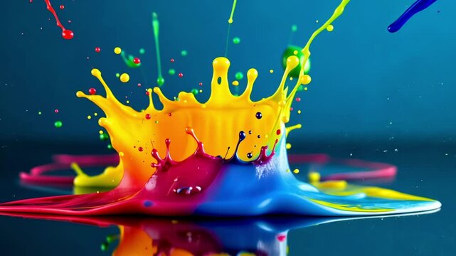 A vibrant splash of colorful paint, featuring bright yellow, red, green, and blue hues