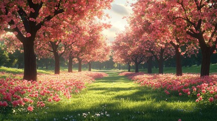 Serene path through blooming cherry blossom trees.