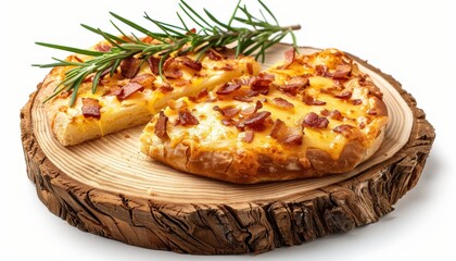 French melted cheddar cheese with crispy bacon and rosemary on a wooden plate white background close up