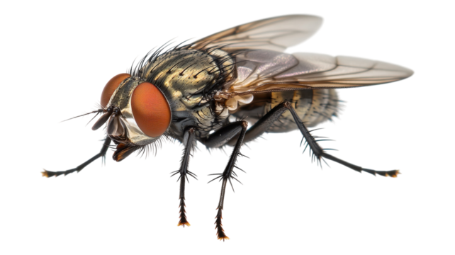 Close-up of a fly showcasing intricate details and vibrant colors on a transparent background.