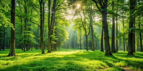 Fototapeta premium Lush forest foliage with tall trees and a bright green grassy area in the foreground, flora, nature, foliage