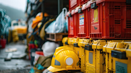 Fototapeta premium Essential Safety Equipment and First Aid Supplies in an Industrial Storage Environment