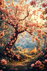 A tree with pink flowers in the middle of a field of flowers