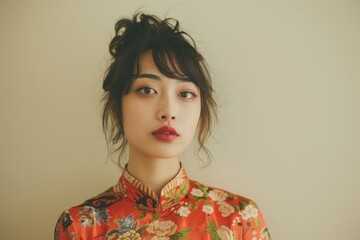 Asian girl in a festive cheongsam, posing against a plain beige background.