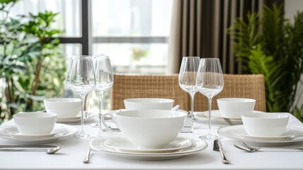 A modern dining table set with elegant white tableware, crystal glasses, and a lush plant backdrop, creating a stylish and inviting atmosphere.