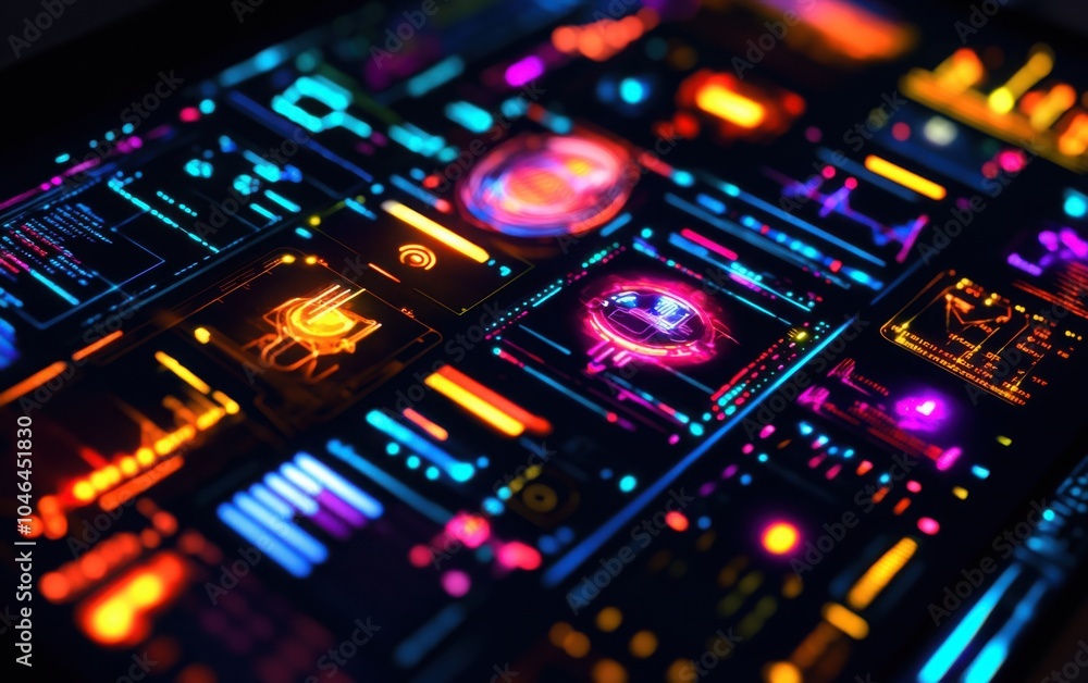 Poster glowing touchscreen interface with vibrant colors, dynamic data, and futuristic icons representing a