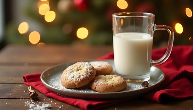 milk and cookies on wooden table