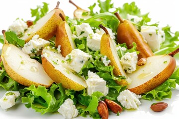 Goat cheese and pear salad on white background Panoramic view with focus