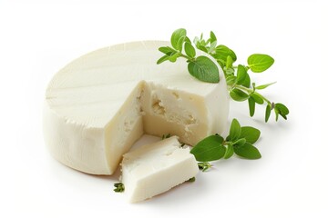 Goat cheese slices with fresh marjoram on white background Culinary delight