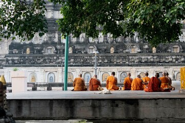 buddhist monks praying and meditating in traditional way sitting on high alter in solitude under the tree foliage inside temple premises at "mahabodhi temple", bodh gaya, india