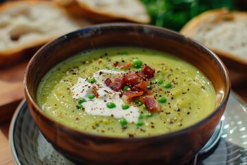Green pea soup with cream and bacon