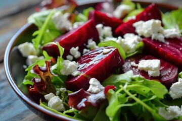Green salad with beets goat cheese olive oil organic and healthy