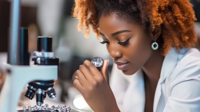 African woman working with a microscope and magnifying glass to grade the purity of diamonds