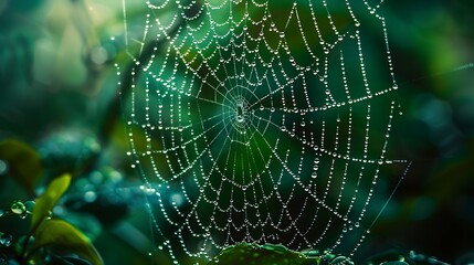 Spider web covered in water drops, closeup