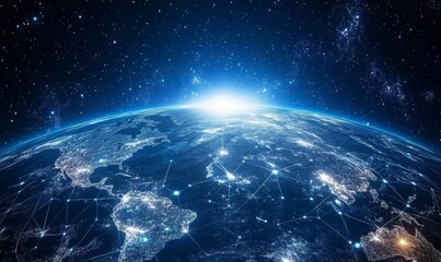 Digital world map planet Earth space global globe sky space 5G wireless network AI big data communication pathways science technology web internet connection transmission cyber cloud computing online
