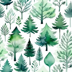 Muted Green Watercolor Evergreen Trees Pattern - Seamless tile