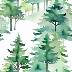 Fototapeta premium Muted Green Watercolor Evergreen Trees Pattern - Seamless tile