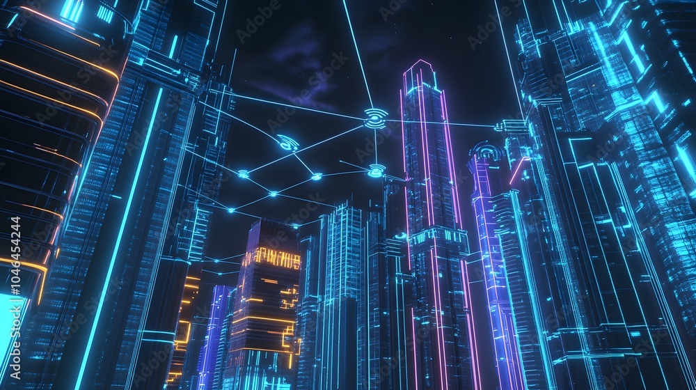 Poster a high-tech city with skyscrapers and glowing digital lines representing advanced connectivity, smar