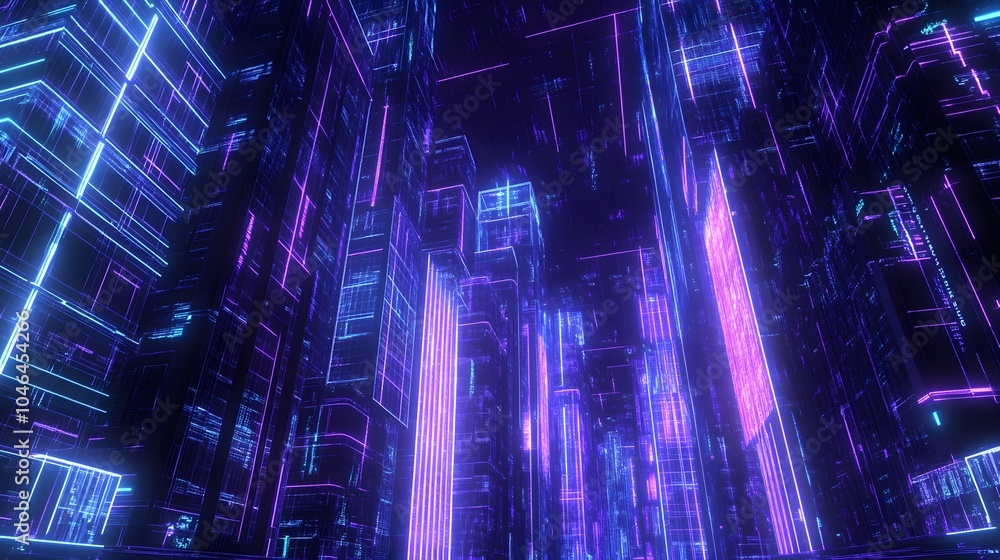 Poster virtual skyscrapers with glowing gridlines, creating a futuristic cityscape in shades of purple and 